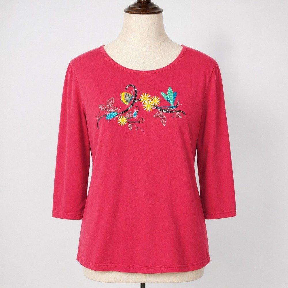 Christopher Banks Womens L Pink Embroidered Dragonfly Butterfly Top 3/4 Sleeve